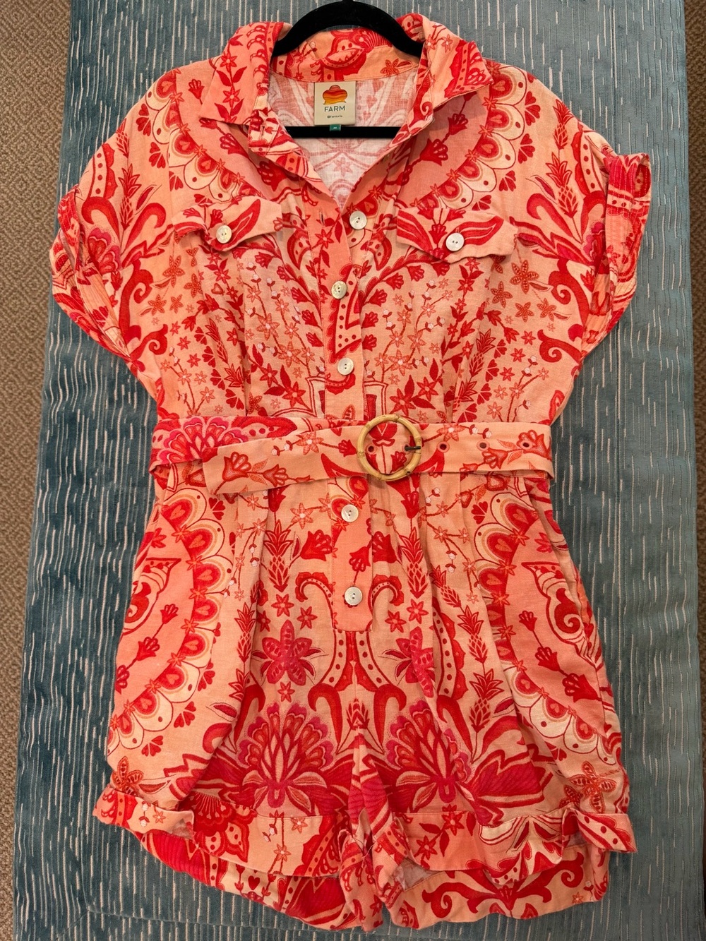 FARM Rio Coral and Red Floral Belted Romper